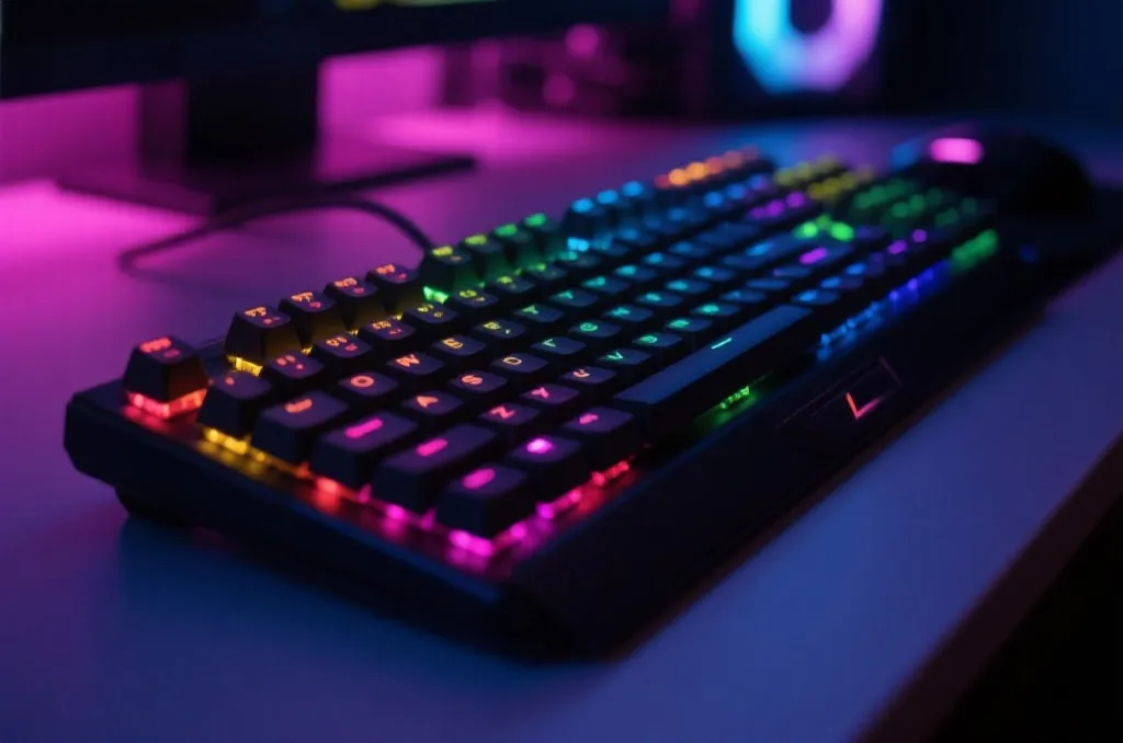 Close-up of a high-end mechanical gaming keyboard with glowing colorful RGB backlights in a dimly lit room, modern tech vibe