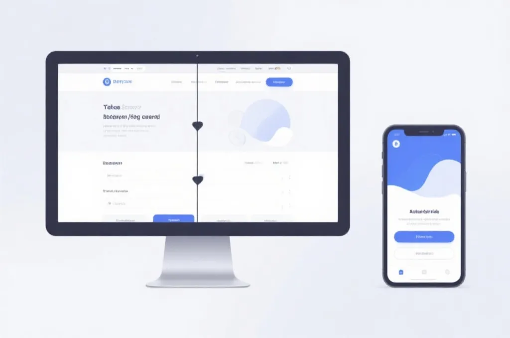 A split-screen concept illustration comparing a desktop browser interface and a mobile application interface, clean modern tech design
