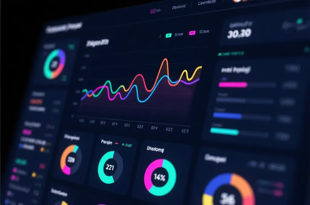 An abstract digital dashboard displaying generic colorful line graphs and statistics on a dark screen
